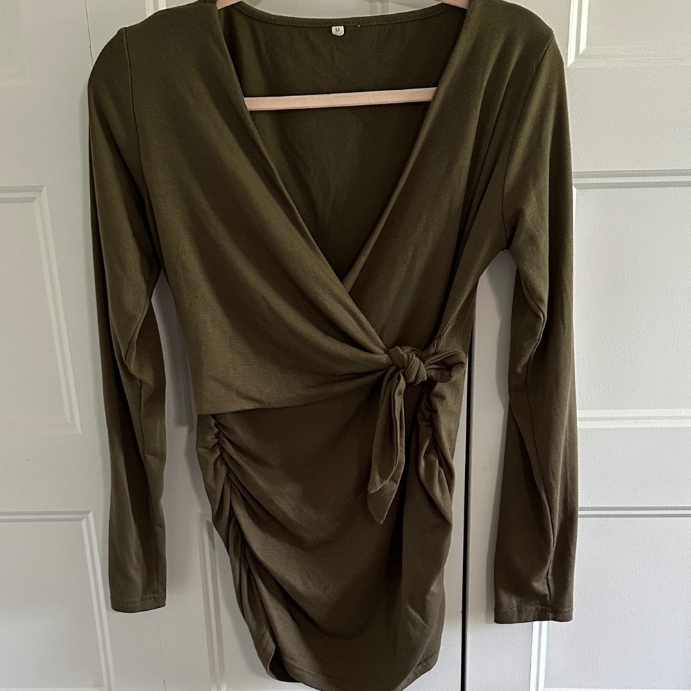 Olive Green Wrap Front Maternity/Nursing Long Sleeve Shirt